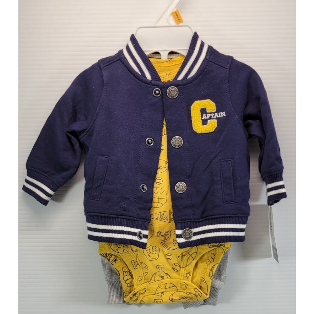 N) Carter's Baby 3-Piece Newborn Sports Captain Little Blue Varsity Jacket Set - Picture 3 of 7